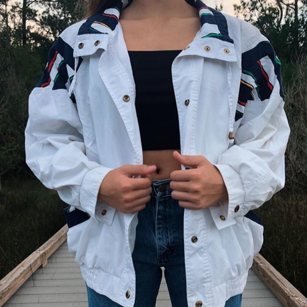 White & colorful windbreaker jacket.